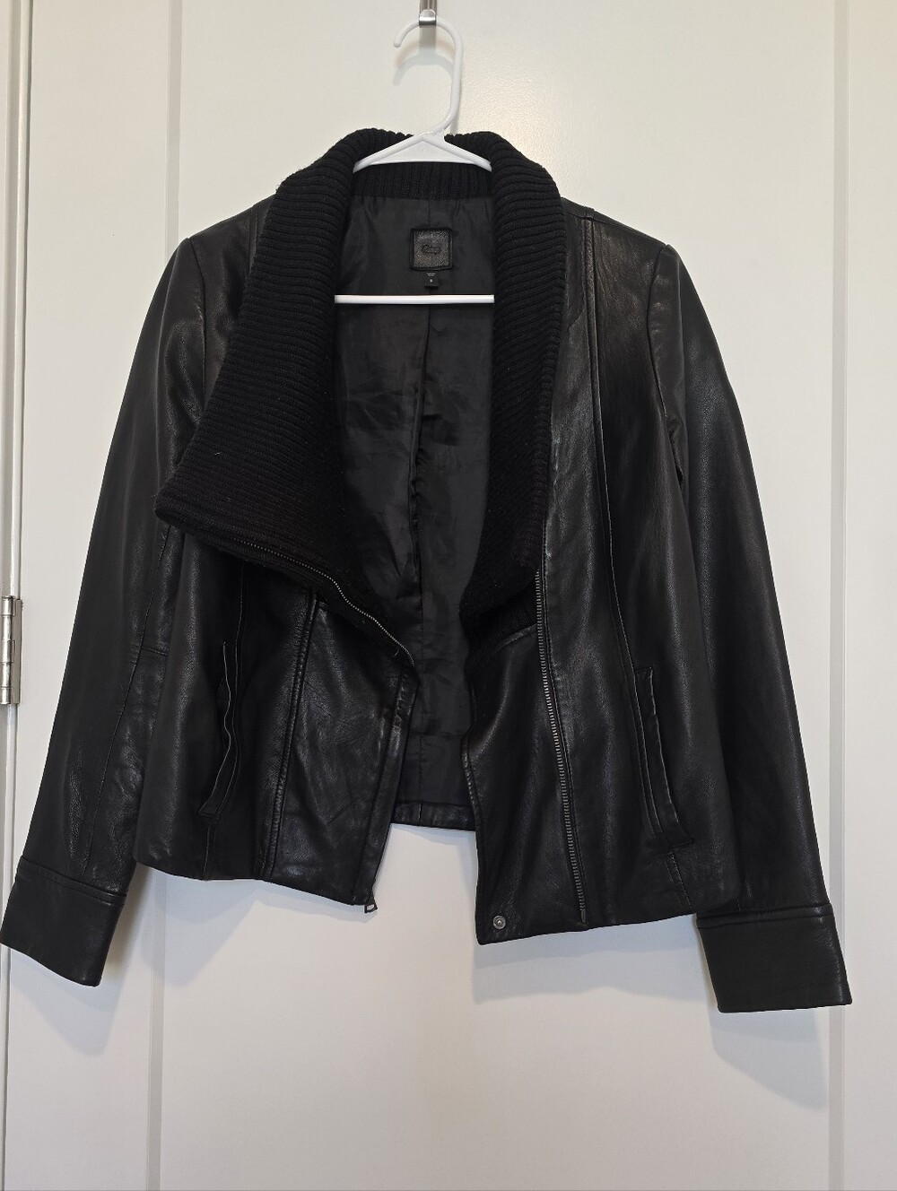 GAP Black Soft Genuine Leather Moto Jacket with Knit Shawl Collar
